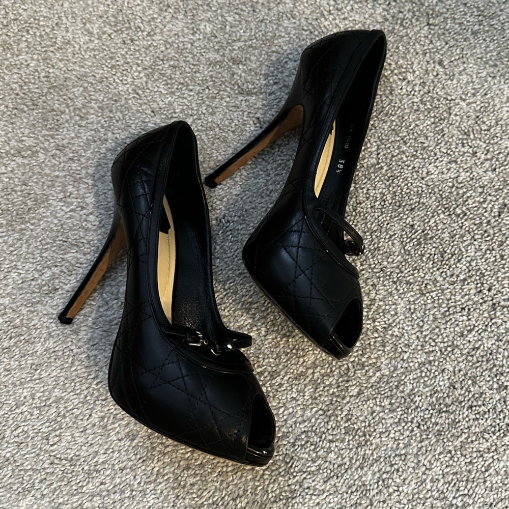 Authentic Christian Dior Peep-Toe Quilted Leather/Patent  Heels with Platfomn